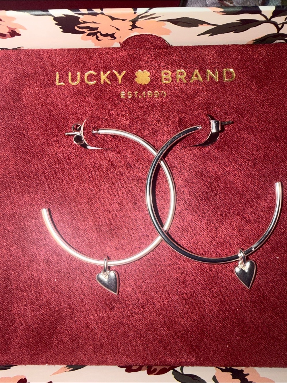 Lucky Brand Silver Hoop Earrings with Heart Pendants